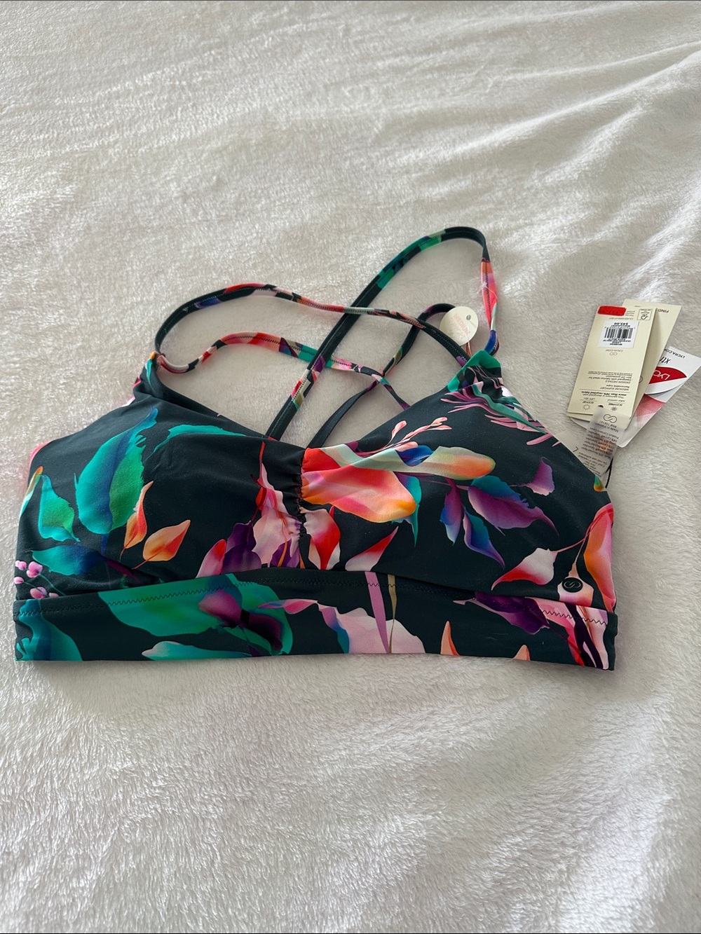Calia Ruched Front cross bikini top multi colored print Large New